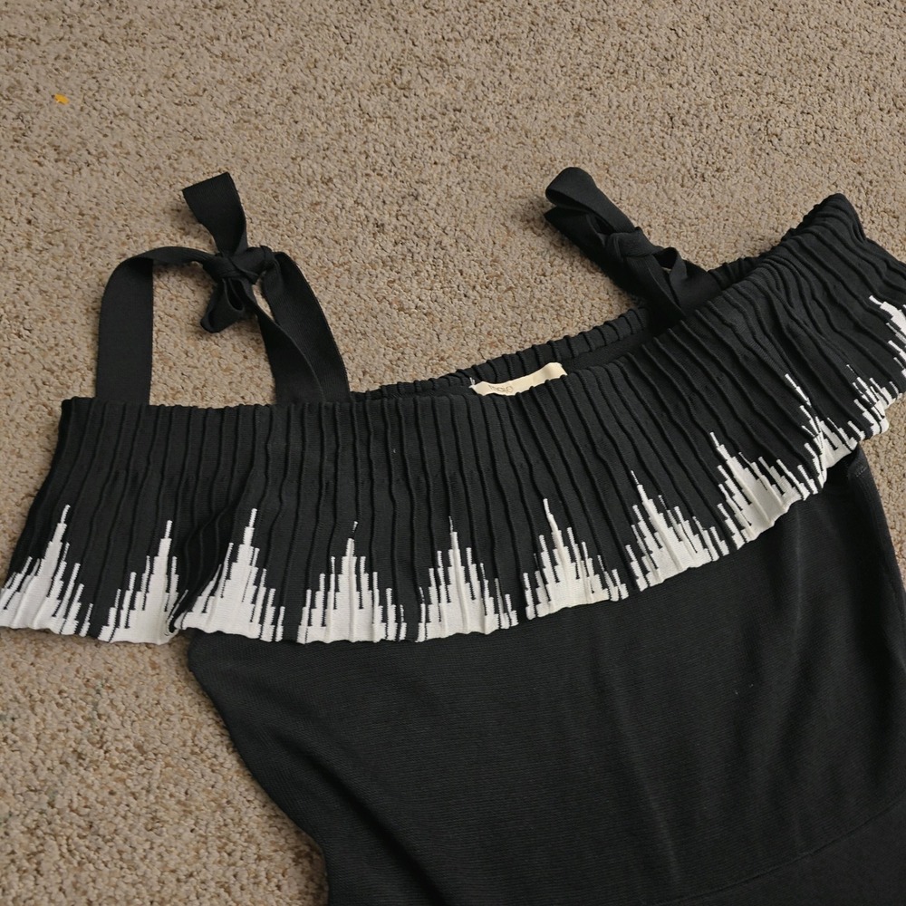 Maje Black White Zig-Zag Pleated Off-the-Shoulder Knit Midi Dress Size 3 L - Picture 8 of 14